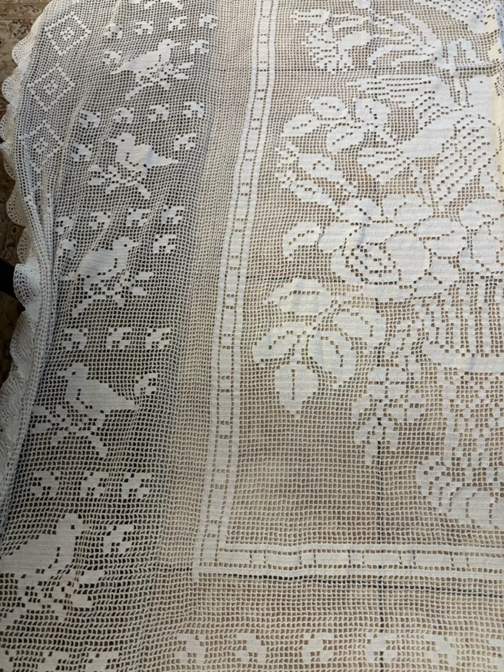 Large Vintage Crochet Lace Table Runner tablecloth with Floral and birds design